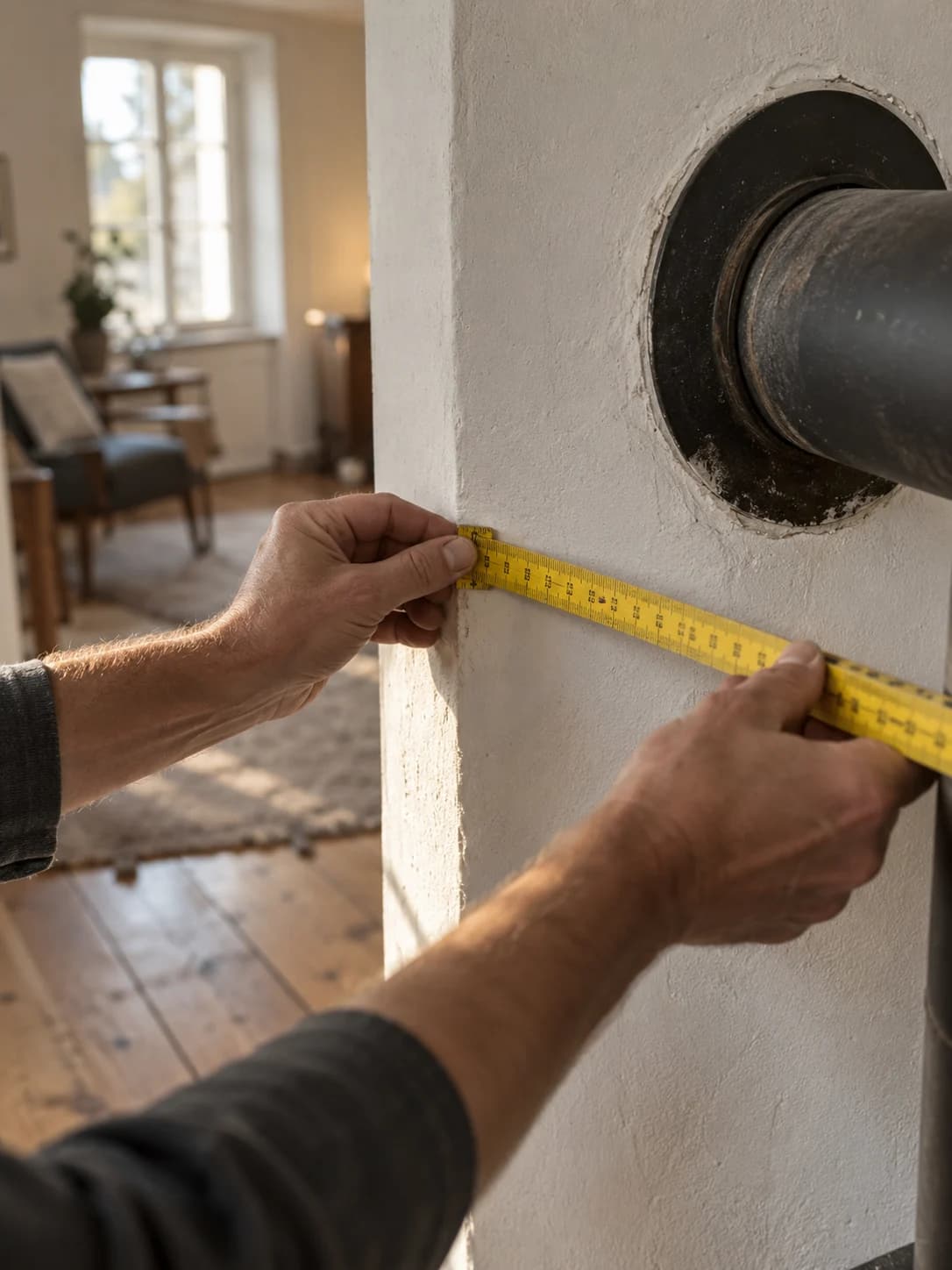Nahaufnahme zweier Hände, die mit dem Zollstock die Wandfläche neben der Wanddurchführung für das Ofenrohr messen