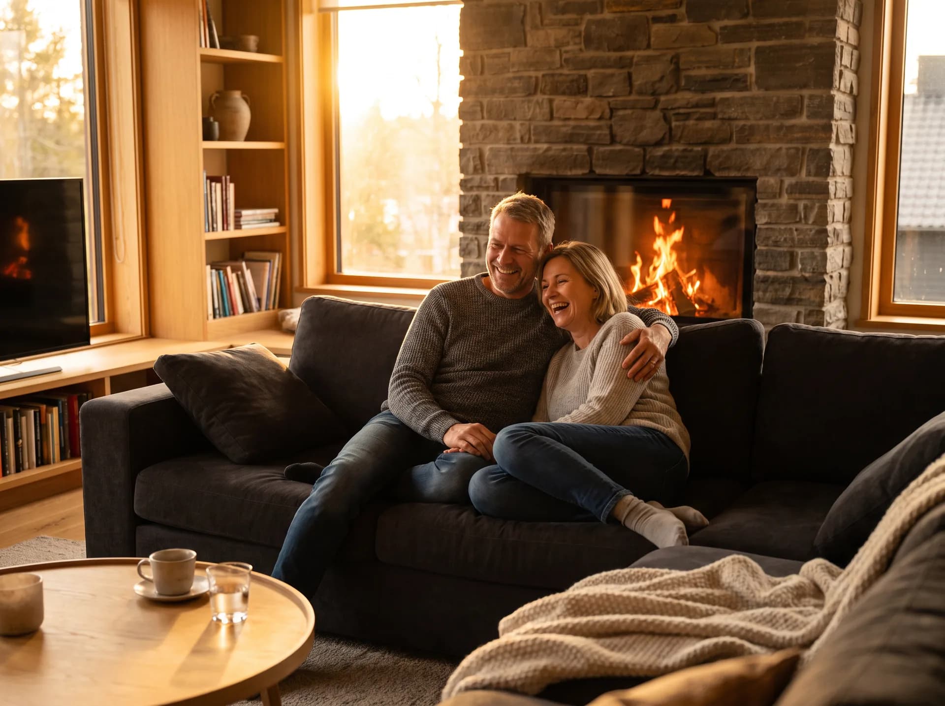 Paar auf dem Sofa vor einem brennenden Kamin im Wohnzimmer