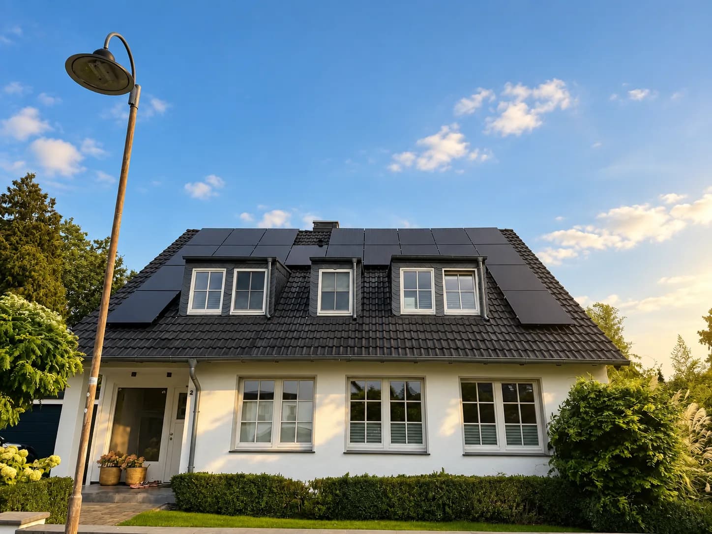 Weißes Einfamilienhaus mit dunklem Satteldach und drei Gauben, zwischen und neben den Gauben schwarze Solarmodule