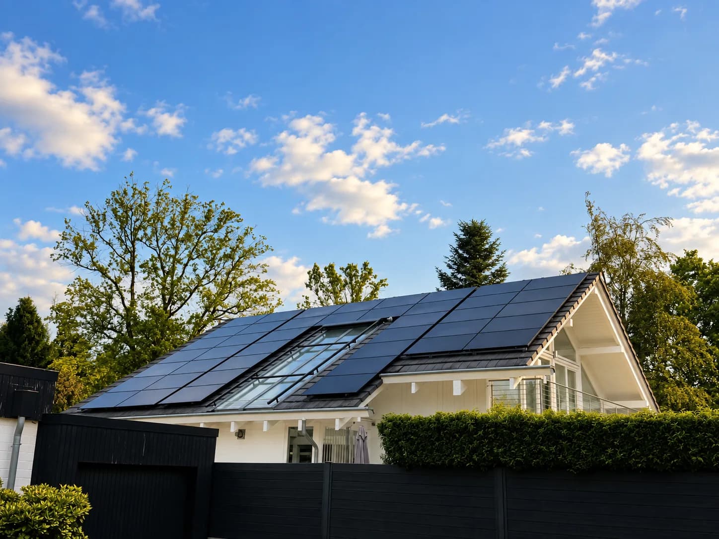 Haus mit großer Glasfläche im Dach, links und rechts davon schwarze Solarmodule