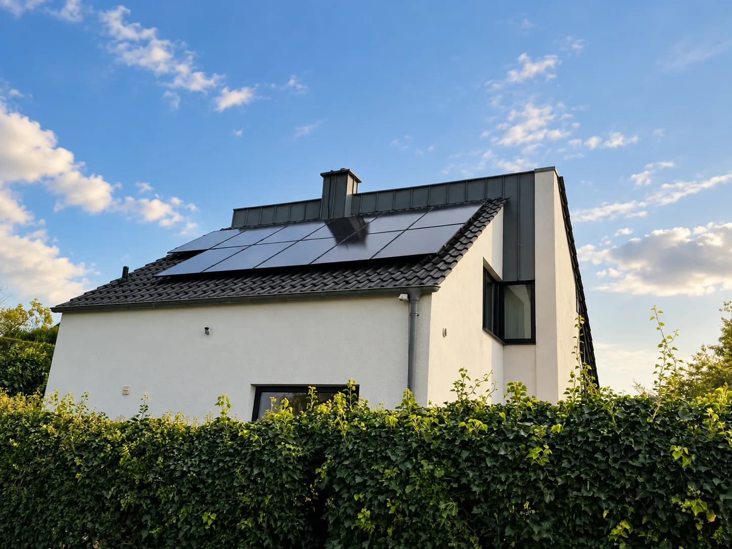 Weißes Haus mit Satteldach, auf der Dachfläche unter dem Schornstein ein Feld schwarzer Solarmodule