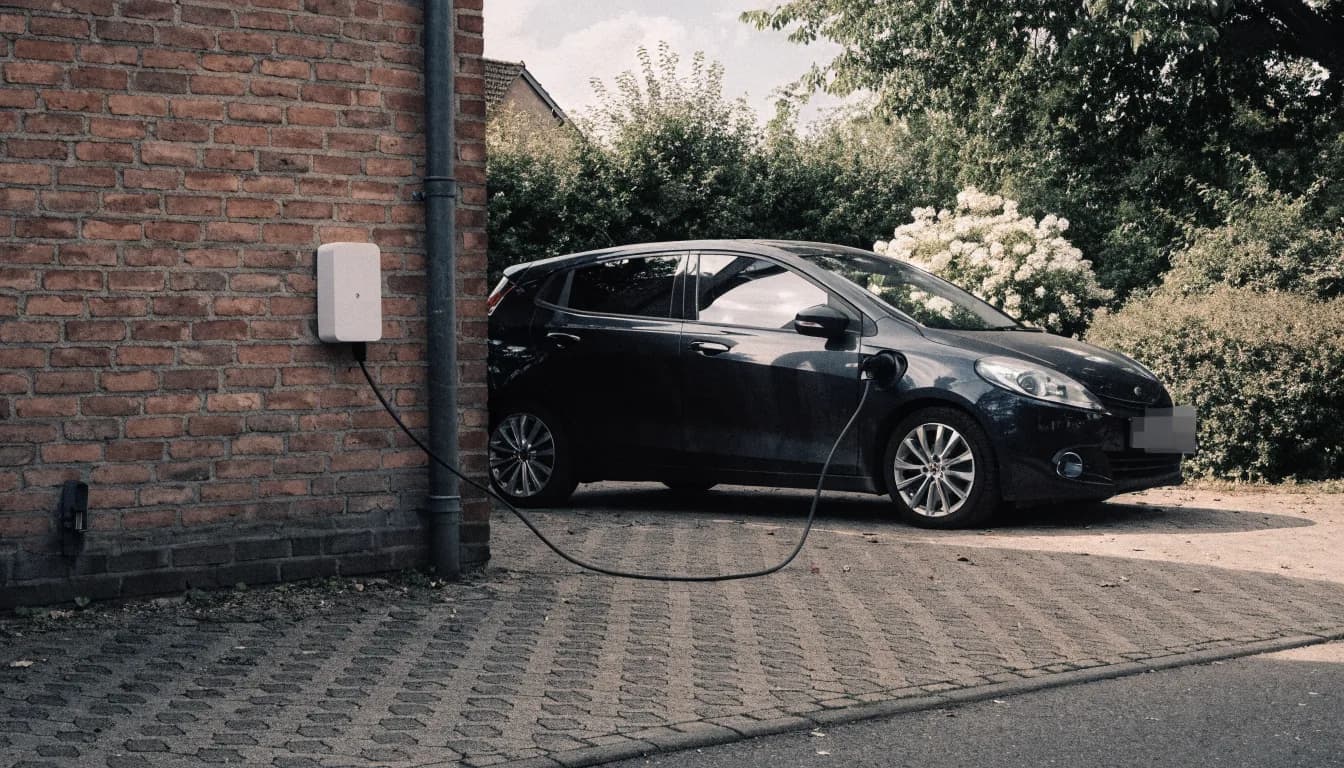 Wallbox mit Elektrofahrzeug vor einem Klinkerhaus