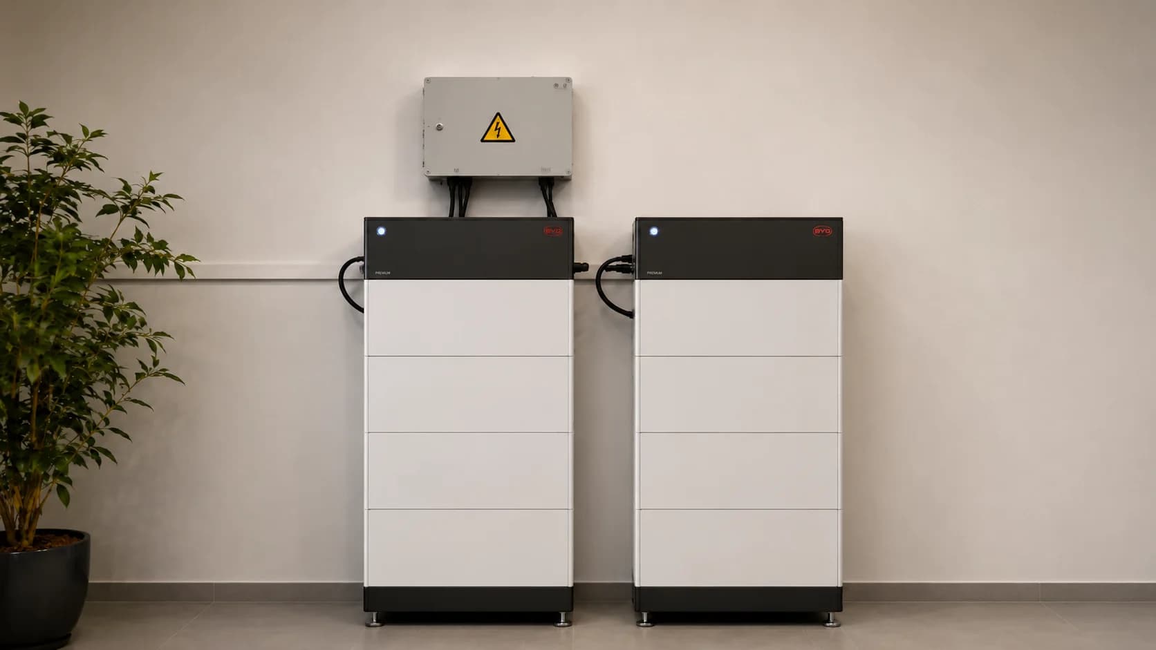 Zwei Batteriespeicher nebeneinander an einer Wand, darüber der Anschlusskasten
