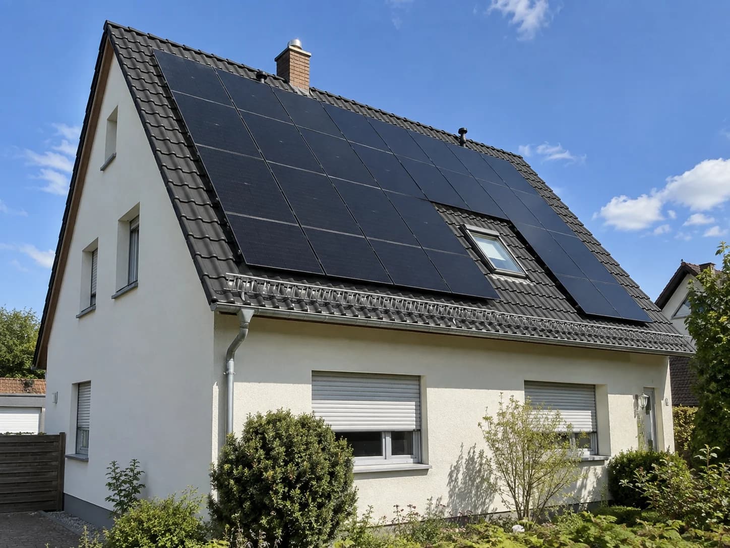 Wohnhaus mit schwarzen Solarmodulen auf der südlichen Dachfläche, Modulfeld um das Dachfenster ausgespart