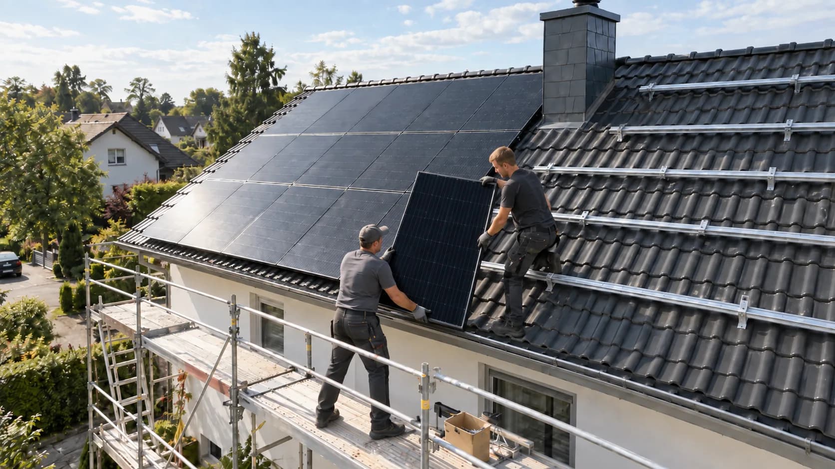 Zwei Monteure setzen auf einem Gerüst ein Solarmodul auf die Montageschienen eines Satteldachs