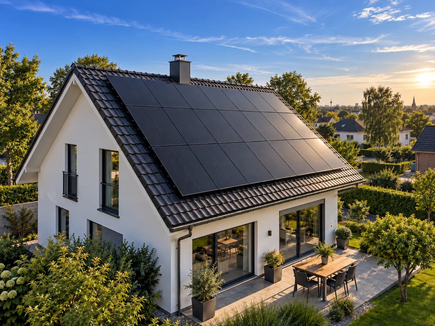 Einfamilienhaus mit voll belegtem Satteldach aus schwarzen Solarmodulen im Abendlicht