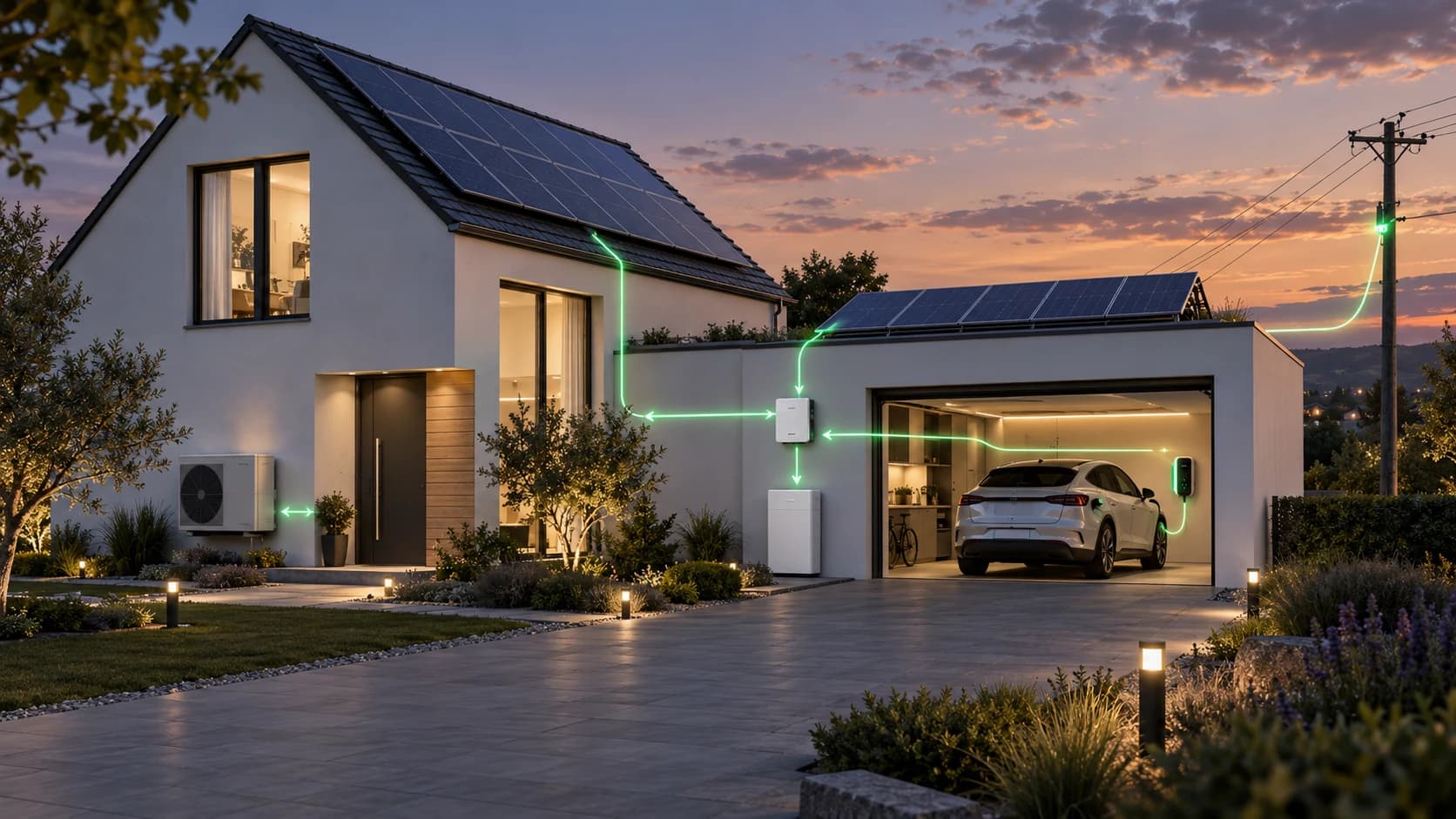 Haus mit Solarmodulen auf Dach und Garage: Leitungen führen vom Dach zum Wechselrichter und von dort ins Haus, in den Batteriespeicher, zur Wallbox und hinaus zum Strommast des öffentlichen Netzes