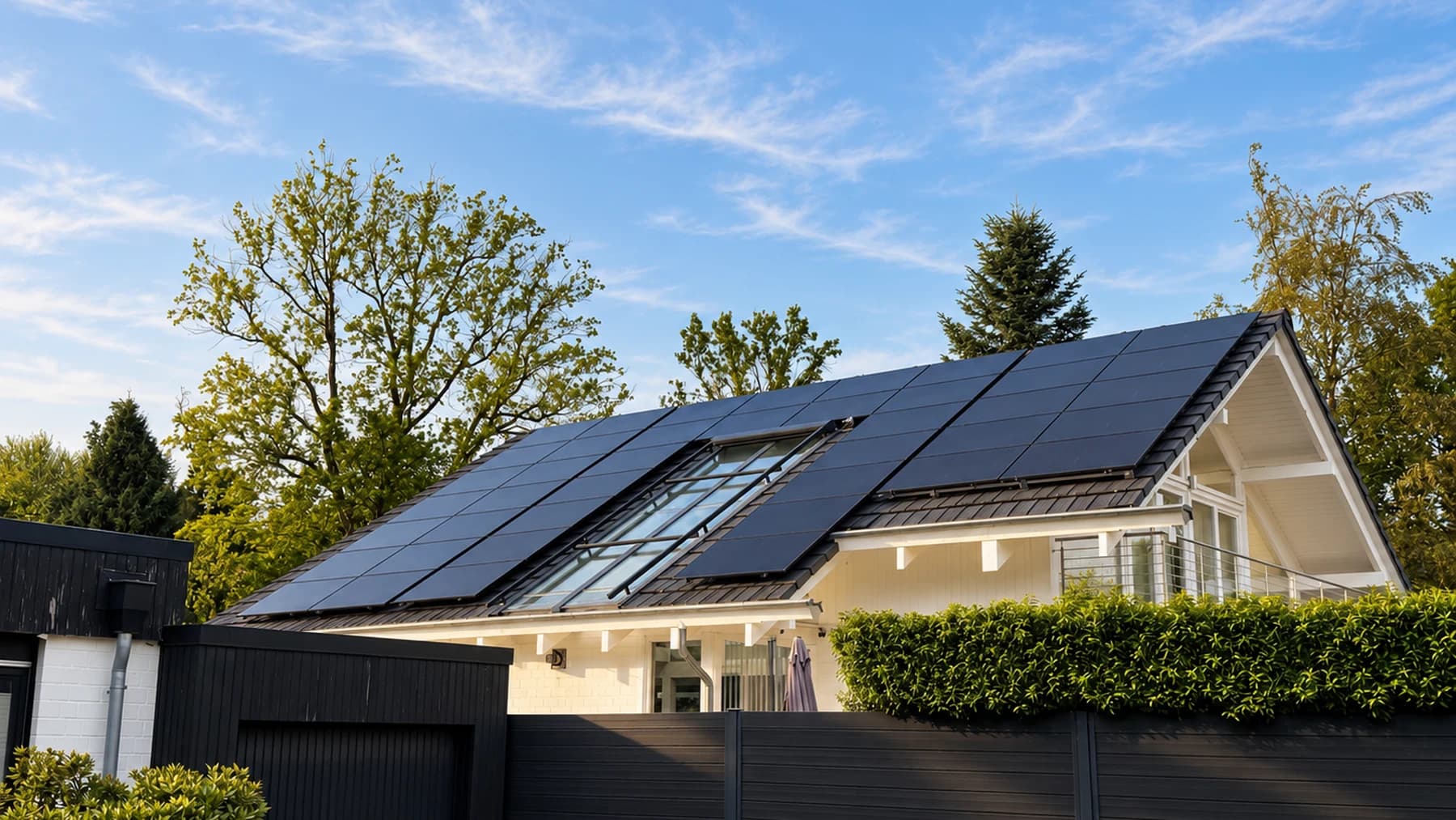 Weißes Einfamilienhaus mit Holzgiebel und großer Glasfläche im Dach, links und rechts davon schwarze Solarmodule
