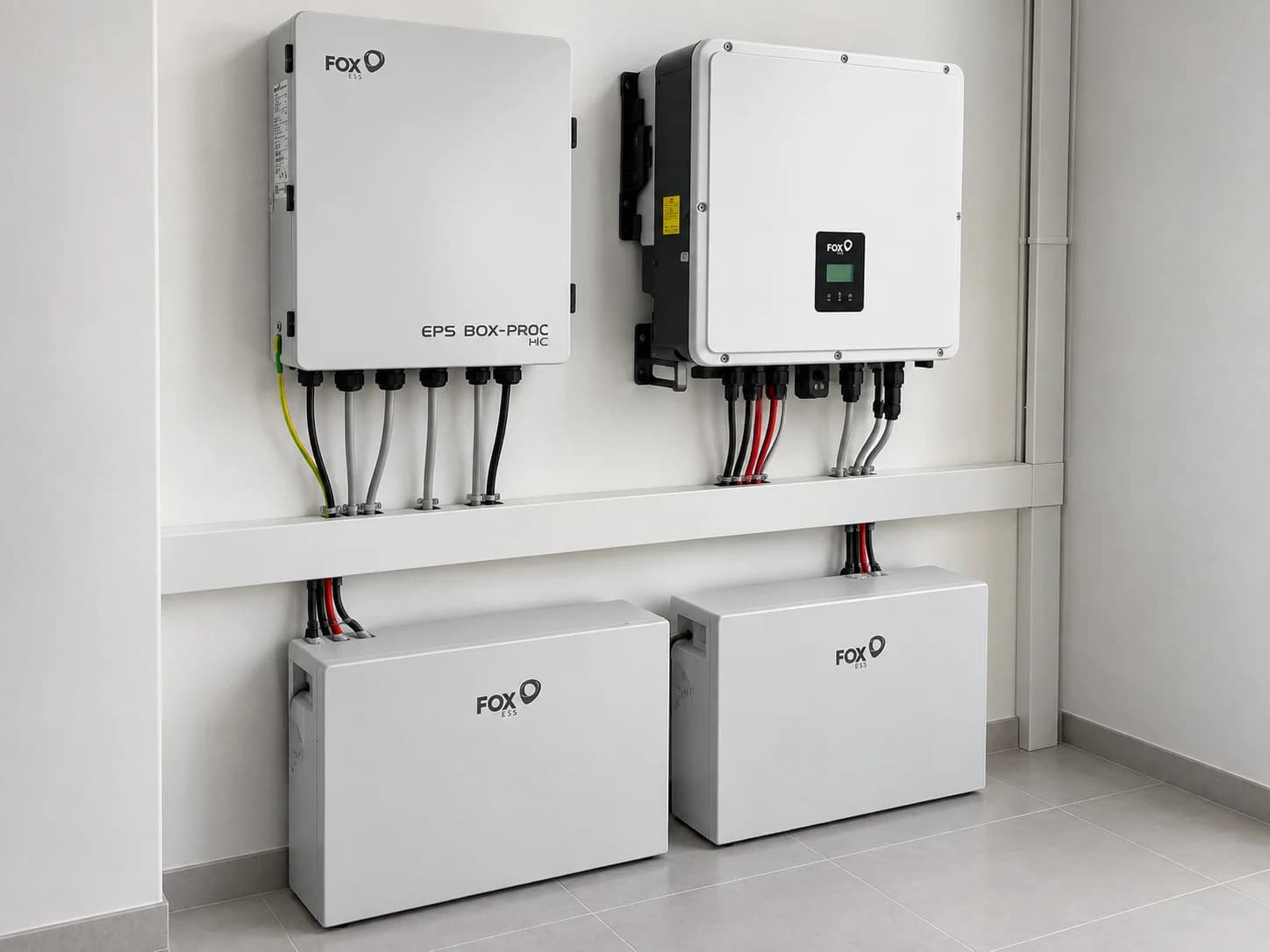 Wandmontierte EPS-Box und Wechselrichter über zwei Batteriemodulen